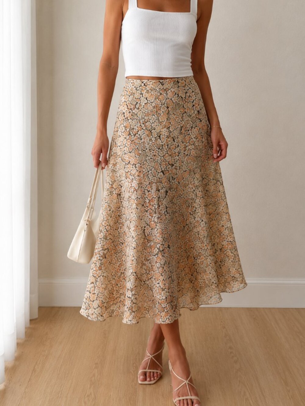 Talbots Collection 100% Pure Silk Midi Skirt Lined Floral Print Beige Size 6